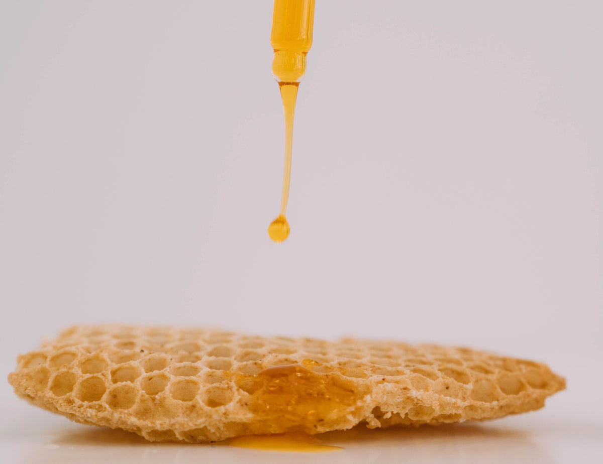 Bakuchiol oil serum bottle with dropper and sponge on a light background